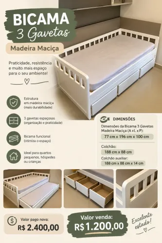 Bicama madeira Maciça com gaveta