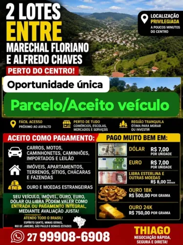 2 CHÁCARAS DE 5.000 m² ENTRE MARECHAL FLORIANO E ALFREDO CHAVES - REGIÃO SERRANA, TROCO 