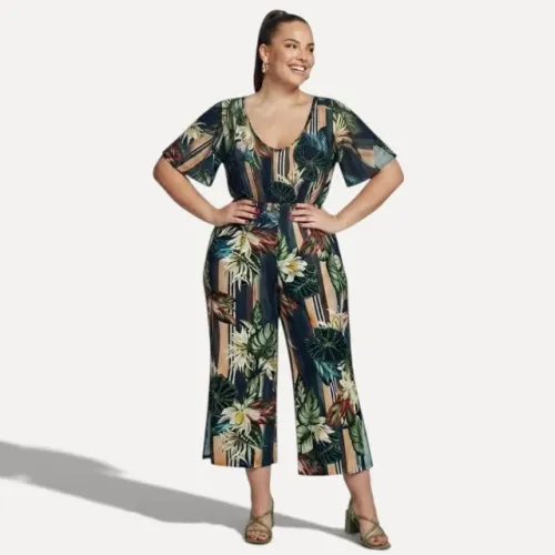 Macacão Feminino Longo Estampado Floral Tropical Manga Curta Pantalona Moda Verão Casual E