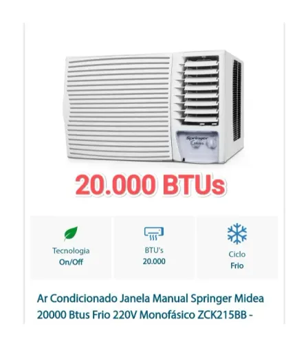 Ar Janela Springer Midea 20.000 BTUs + 220V +  Nota + 1 Ano Garantia+ Cartão 12x*!!! 