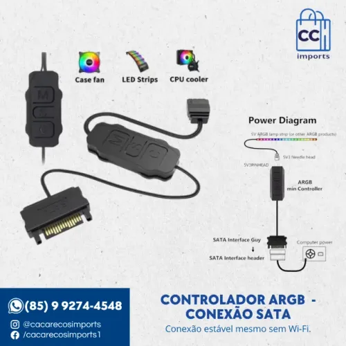 Controlador Manual ARGB 5V de 3 Pinos - Conexão via SATA | Novo | Pronta Entrega
