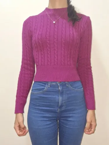 Blusa feminina manga longa vinho/roxa de tricot - Tamanho Único ou P