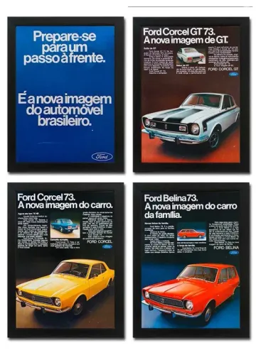 Ford Corcel, GT e Belina 1973 - Kit 4 quadros decorativos com propaganda original