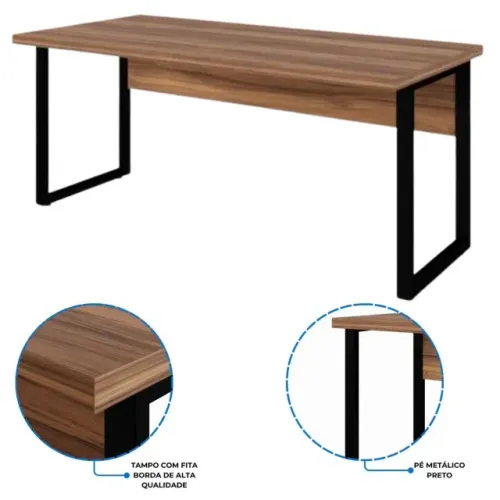 Mesa Escritório Pé Quadro 1,70×0,70m Sem Gavetas Nogal Sevilha/Preto Conforto 24474