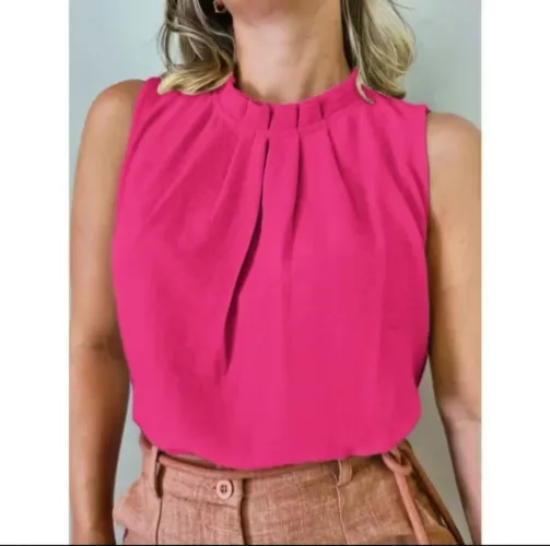 Camisa Regata feminina Social Gola Alta Com Botão Madrepérola nas Costas