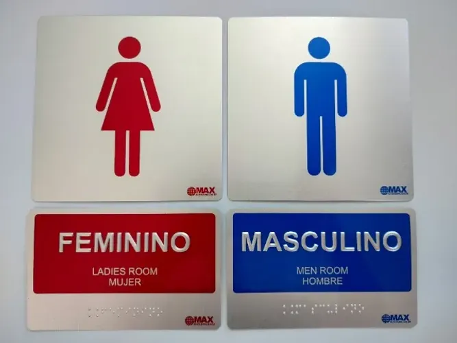 Sinalização Feminino Masculino Banheiro Sanitário WC Com Braille Pictogramas e Letras