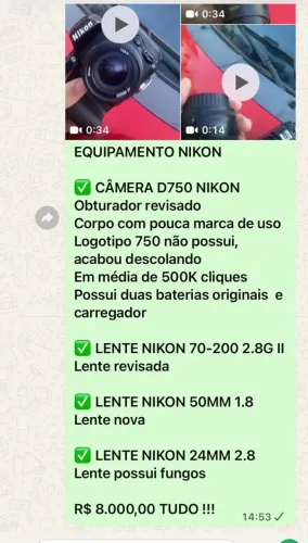 EQUIPAMENTO NIKON D750 COM LENTES 