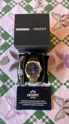 Relógio Masculino Orient Dourado com Fundo Azul - Kit Completo + Pulseiras Extras