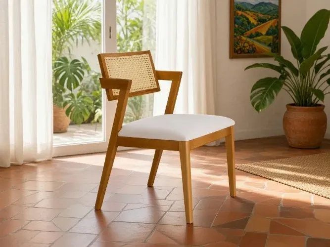 Cadeira Helena Madeira Maciça Linho Bege (NOVO A PRONTA ENTREGA)