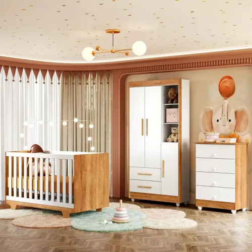 Quarto de Bebê Completo 100% MDF Cômoda Berço e Guarda Roupa Nina Branco/Amadeirado
