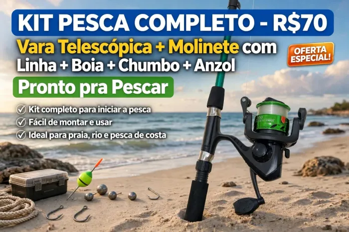 Vara de pescar+molinete+linha+chumbo+anzol+boial
