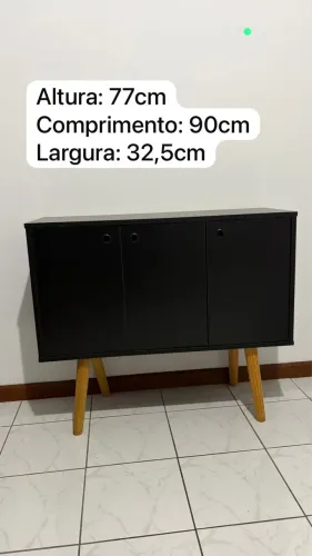 Buffet Aparador Vintage Retrô 3 Portas Preto com Pés Palito