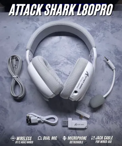HEADSET GAMER ATTACK SHARK L80PRO SEM FIO - TRI-MODE (2.4G, BT E P2), ULTRA LEVE 203G