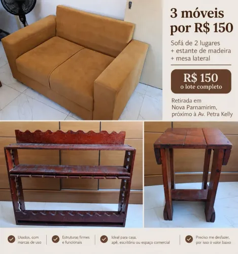 Sofá + estante + mesa de madeira | Tudo por R$ 150