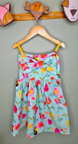 Vestido infantil estampado com laço alça amarela 4 anos
