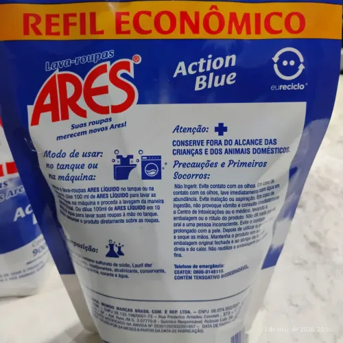Sabão líquido Ares refil 900ml action BLUE - R$10,00 a unidade.