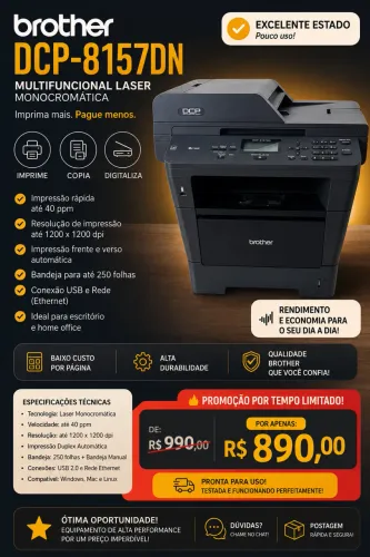 Brother DCP-8157DN Laser Multifuncional + Duplex + Rede | PROMOÇÃO R$ 890