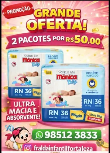 PROMOÇÃO  Fraldas Turma da Mônica RN P M G  - 2 Pacotes por 50,00 