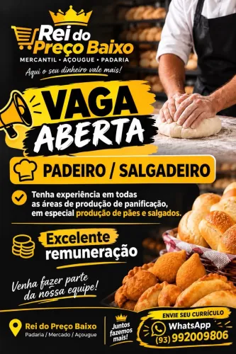 Vaga de emprego salgadeiro / padeiro