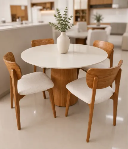 CONJUNTO MESA DE JANTAR REDONDA COM 4 CADEIRAS - MEDIDAS 120x120