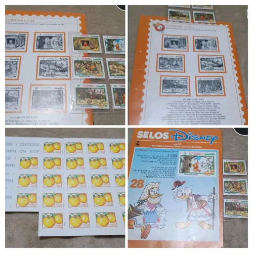 Conjunto composto da revista selos Disney 28,06 selos do ursinho puff e 23 selos Brasil 97