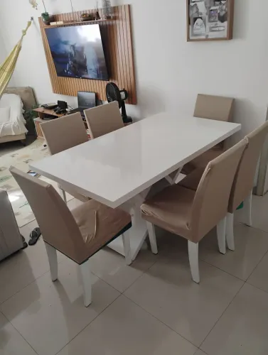 Mesa madeira grande 6 lugares laqueada branca brilhante 