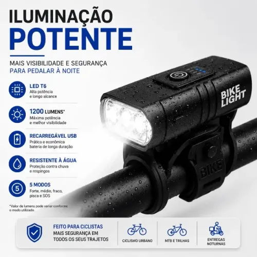 Lanterna Farol Bike Recarregável USB LED T6 1200 Lúmens À Prova d'Água Nova