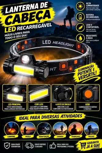 LANTERNA DE CABEÇA RECARREGÁVEL USB
