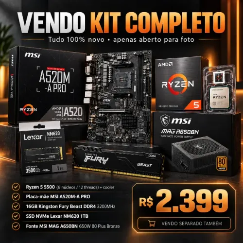 Kit Ryzen 5 5500 + A520M + 16GB + SSD 1TB + Fonte 650W + Gabinete Com 3 Ventoinhas- Novo