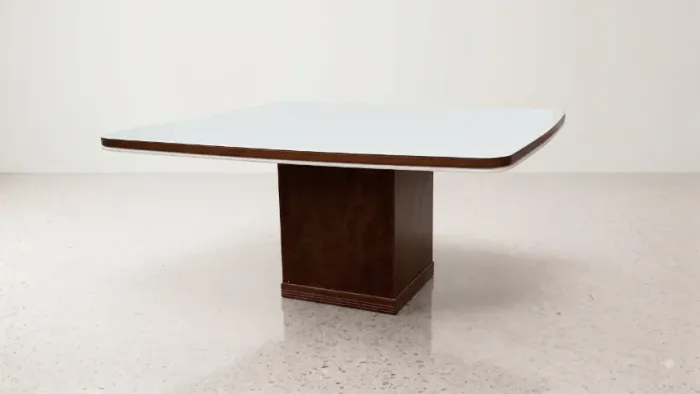33 - Mesa Quadrada de Luxo 1,50m | Tampo Vidro Off-White Borda Amadeirada | Base Pedestal