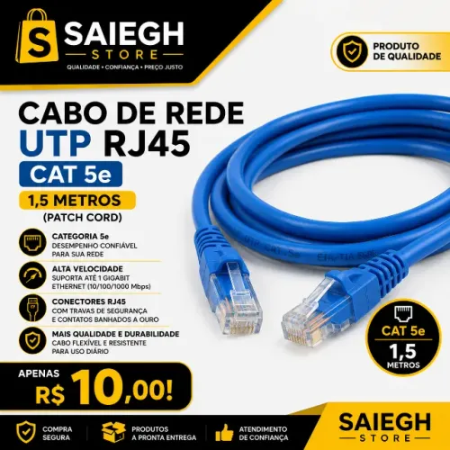 Extensão de Rede RJ45 Cat5e 1,5m - Conexão Segura e Sem Interferência