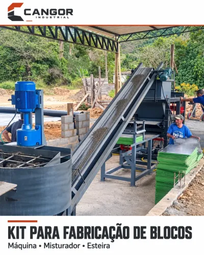 Linha para Fabricação de Blocos de Concreto - Máquina, Misturador e Esteira