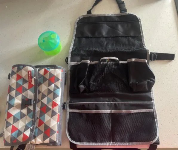 Kit trocador portátil skip hop, organizador para carro primo passi e porta leite em pó