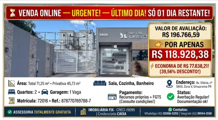 ? VENDA ONLINE ? APARTAMENTO · RESIDENCIAL TERRA DE SANTA CRUZ · UMUARAMA-PR