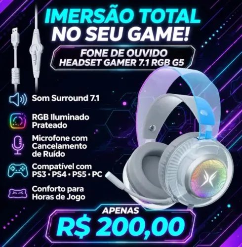Fone De Ouvido Headset Gamer 7.1 Rgb G5 Cor Prateado Para PS3/PS4/PS5/PC