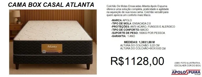 Cama box casal com colchão molas atlanta - frete grátis!