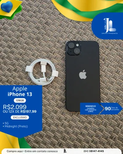 IPHONE 13, 5G, 128GB, MIDNIGHT(PRETO), SEMINOVO, EXCLUSIVO!