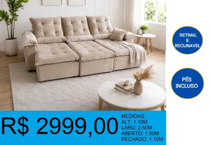 Sofa retrátil e reclinável alt:1,10m larg:2,50m aberto:1,50 - frete grátis!