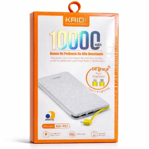 Carregador Portátil Kaidi Power Bank 10.000mah + Adaptador Cor Branco