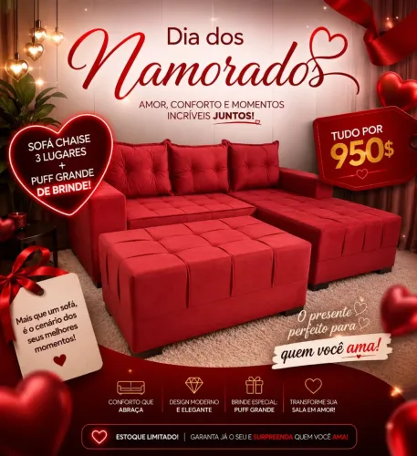 Sofá Chaise 3 lugares com puff de brinde pronta entrega, promoção dia dos namorados 