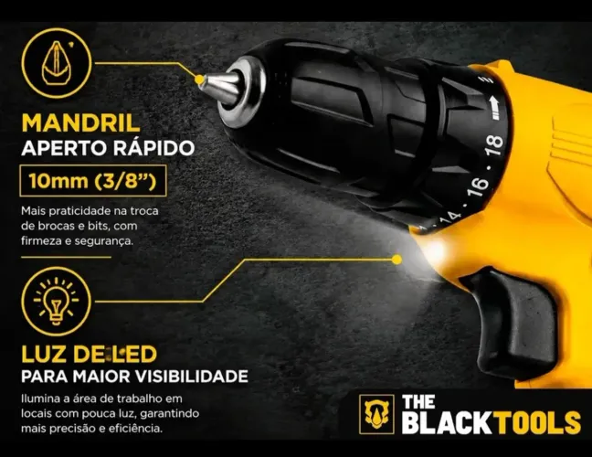 Parafusadeira Furadeira The Black Tools TB12A 3/8 a Bateria Cor Amarelo Frequência 60Hz