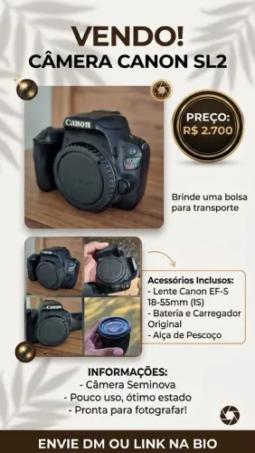 Câmera Canon Sl2 + Lente 18:55 Estabilizada com alça e bolsa