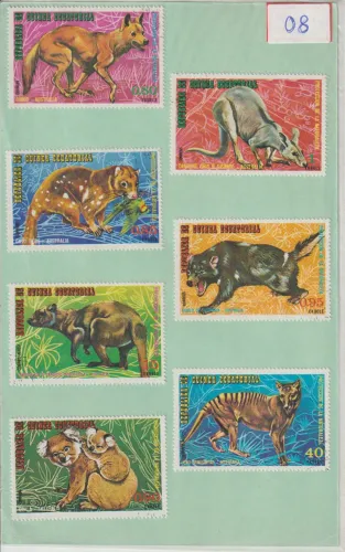 Selos Kit 08 - fauna da Austrália, 7 selos postais da Guiné Equatorial emitidos em 1974