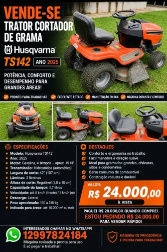 VENDE-SE - TRATOR CORTADOR DE GRAMA HUSQVARNA TS142 ?<br>