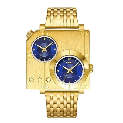 Relógio Masculino Oulm Movimento Quartzo Duplo Fuso Horário Dourado Azul Pulseira Aço 
