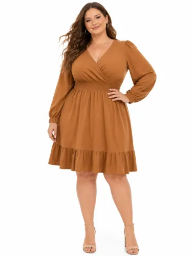 Vestido Plus Size G2 Caramelo Manga Longa Decote V Elegante Feminino