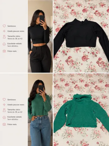 Cropped Preto Manga Longa Gola Alta ? Blusa de Tricô Verde Gola Alta ?