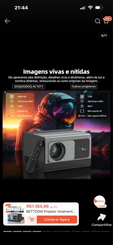 Projetor + fire stick 3 geração + suporte de teto ou parede