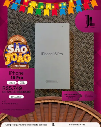IPHONE 16 PRO, 5G, CHIP ESIM, 128GB, TITÂNIO BRANCO, LACRADO,  EXCLUSIVO!