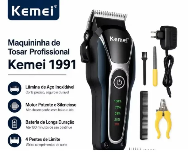 Máquina de Tosa Pet Profissional Kemei KM-1991 Sem Fio Cães Gatos Aparador de Pelos